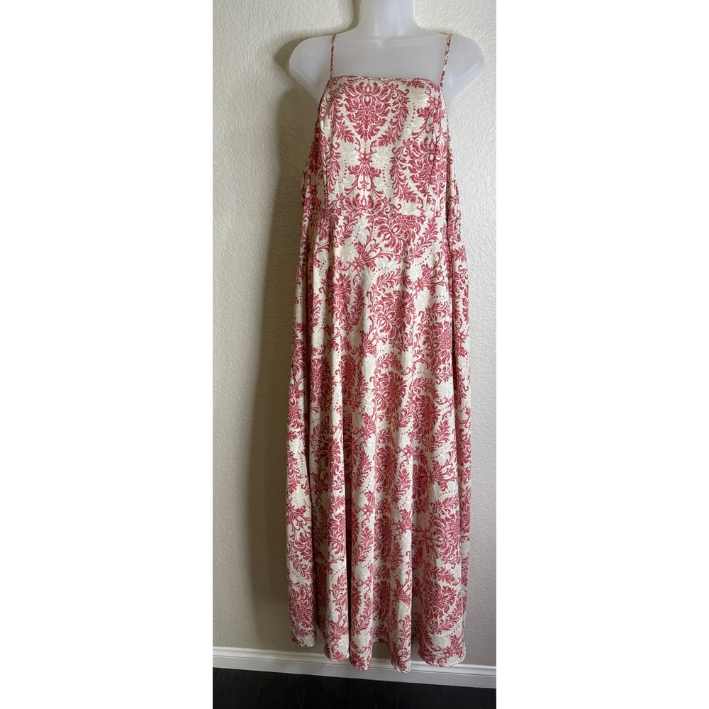 Womens 2XL Maxi Dress Red Cream Damask Floral Smocked Back Strappy Chic Boho